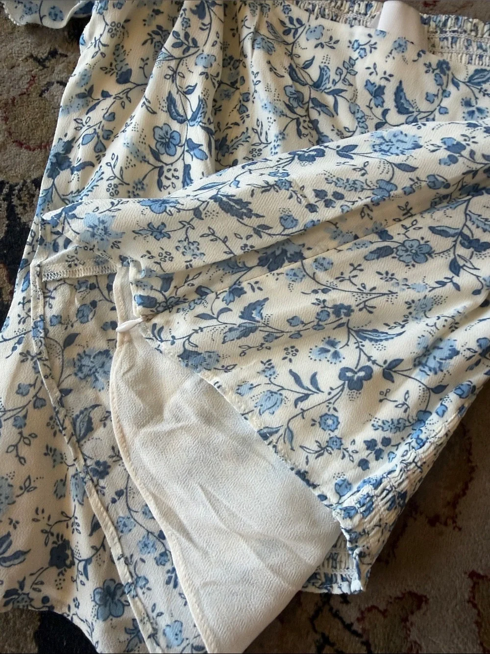 Reformation Blue Floral Puff-Sleeve Square-Neck Blouse